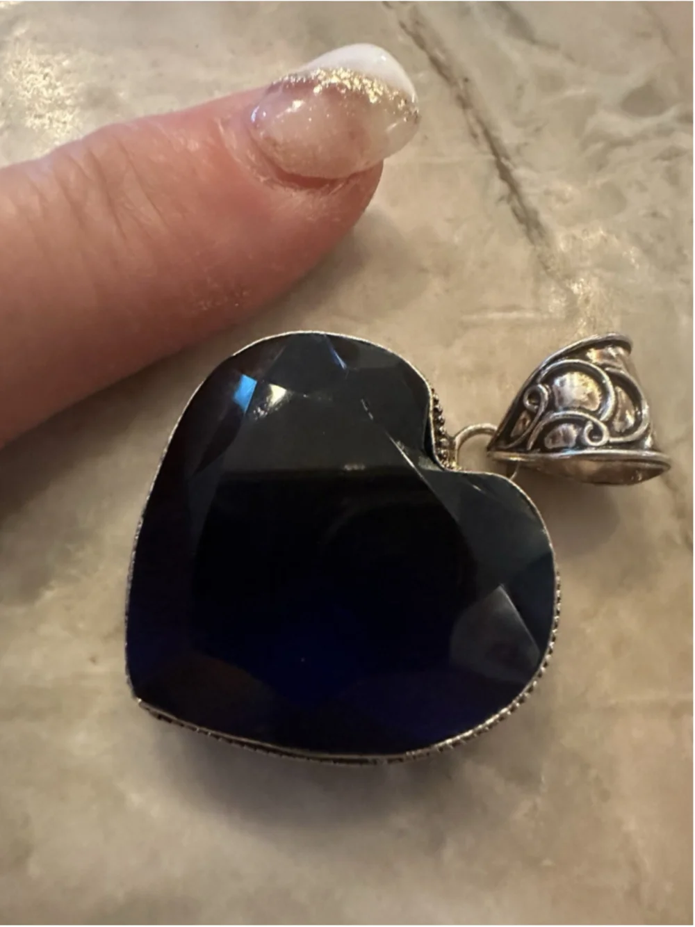 925 Sterling Silver Large Royal Blue Gem Jewelry Heart Boho Pendant 2.2''